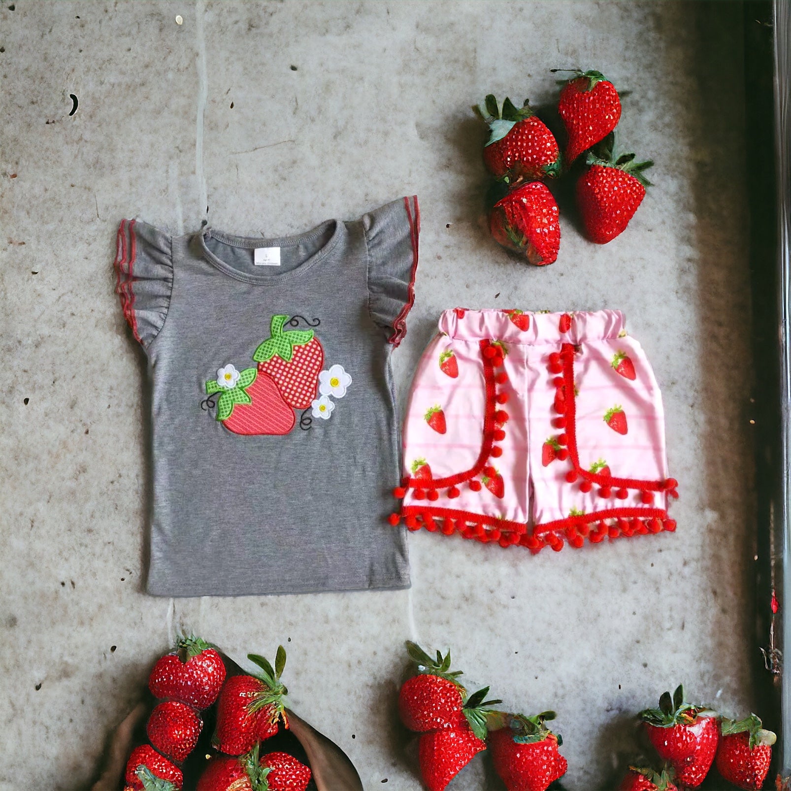 Strawberry embroidery cotton shirt shorts boutique clothing